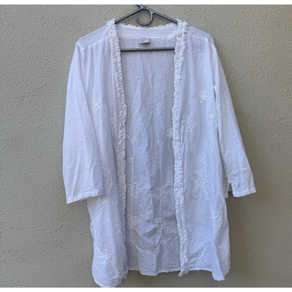 Giocam 2XL Cover-Up Jacket Kimono Peruvian Cotton White Front Boho Beachwear